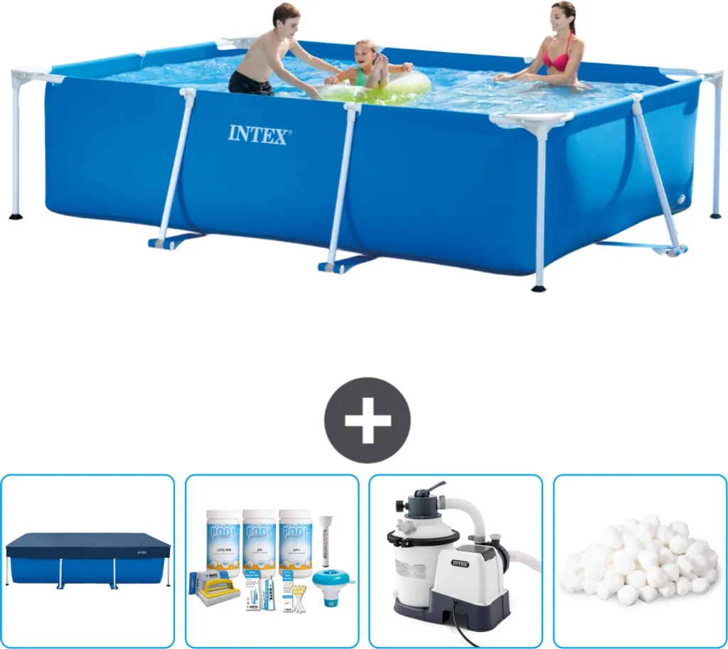 Intex-Schwimmbecken mit rechteckigem Rahmen – 300 x 200 x 75 cm – Blau – im Lieferumfang enthalten Abdeckung - Wartungspaket - Filterpumpe für Schwimmbad - Filterbälle