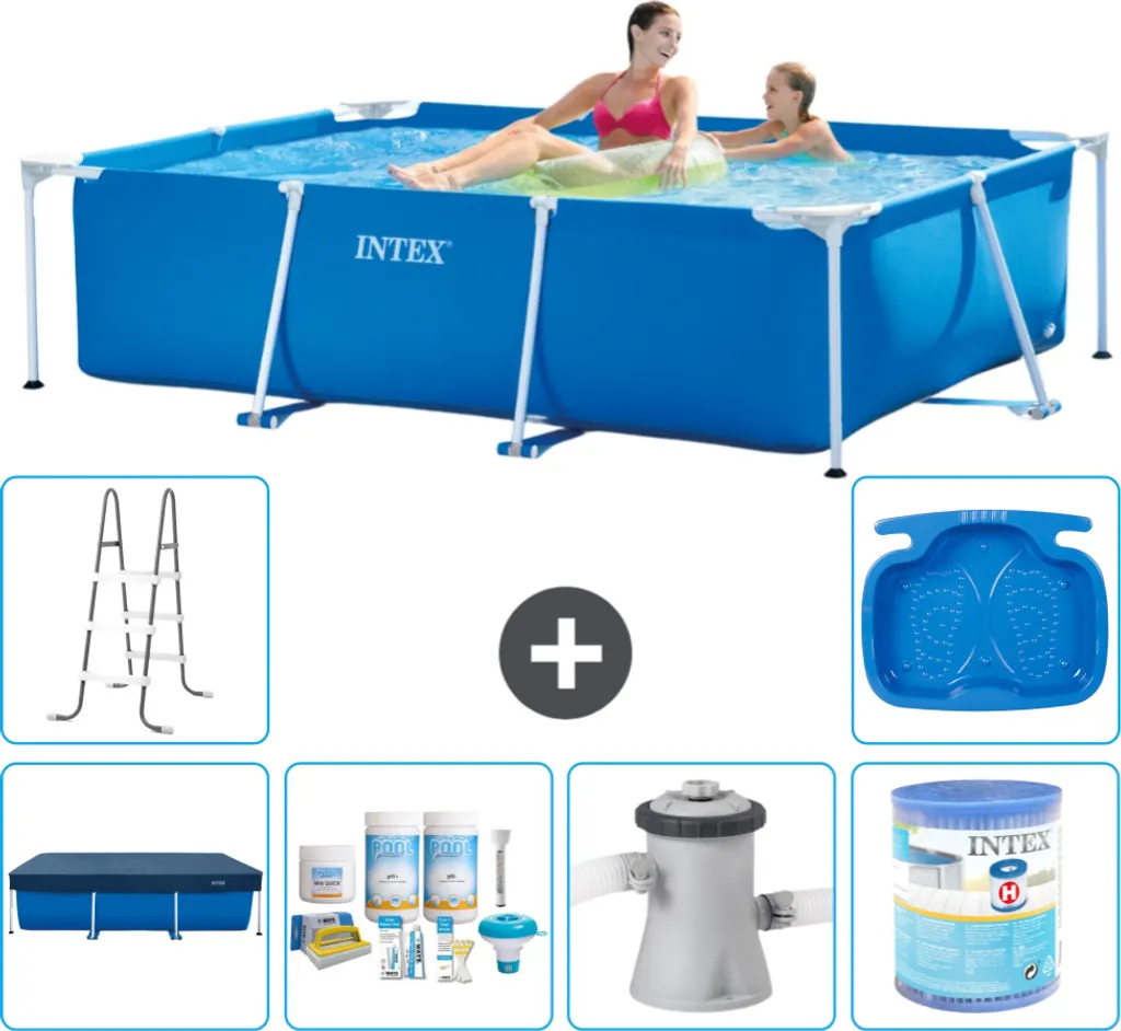 Intex-Schwimmbecken mit rechteckigem Rahmen – 220 x 150 x 60 cm – Blau – im Lieferumfang enthalten Abdeckung - Wartungspaket - Filterpumpe für Schwimmbad - Filter - Leiter - Fußbad