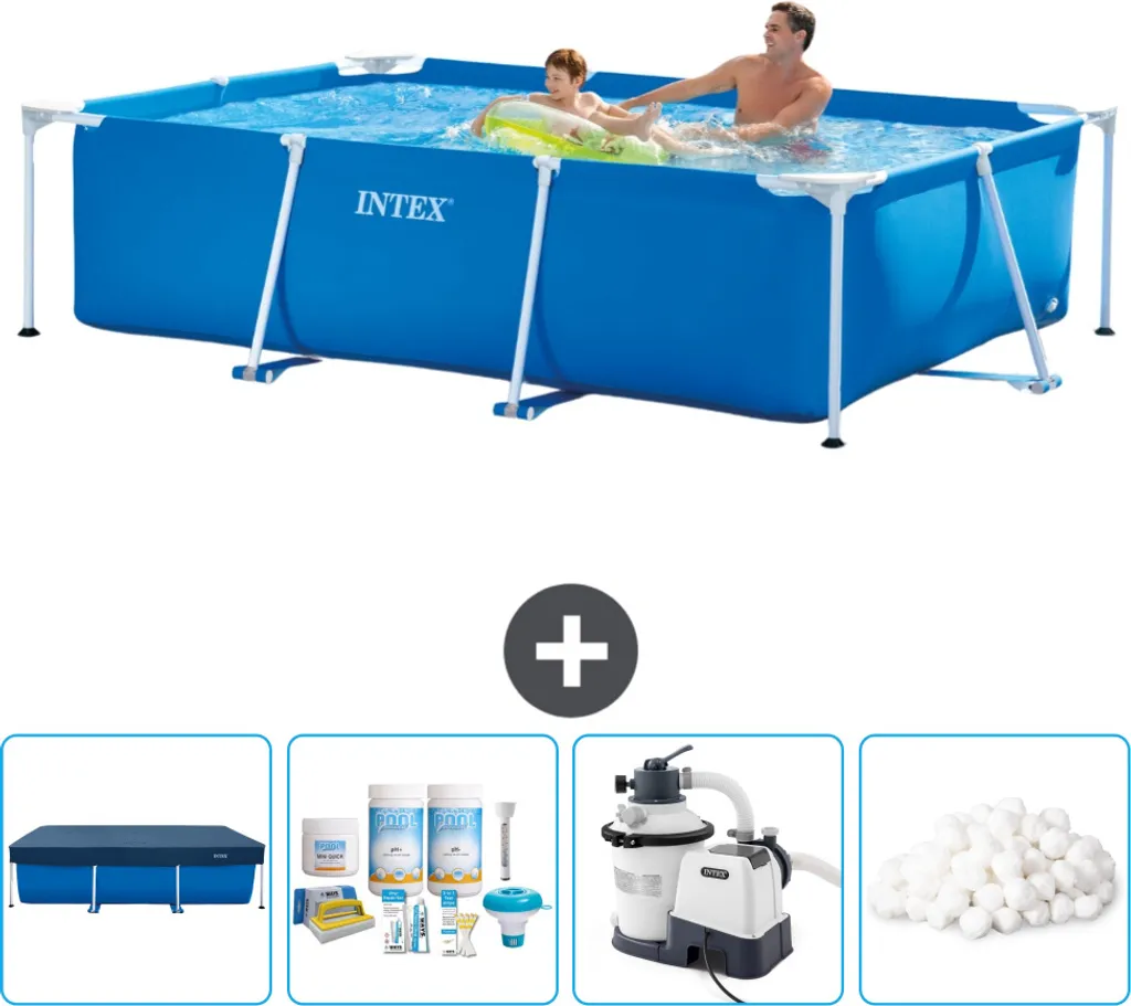 Intex-Schwimmbecken mit rechteckigem Rahmen – 260 x 160 x 65 cm – Blau – im Lieferumfang enthalten Abdeckung - Wartungspaket - Filterpumpe für Schwimmbad - Filterbälle