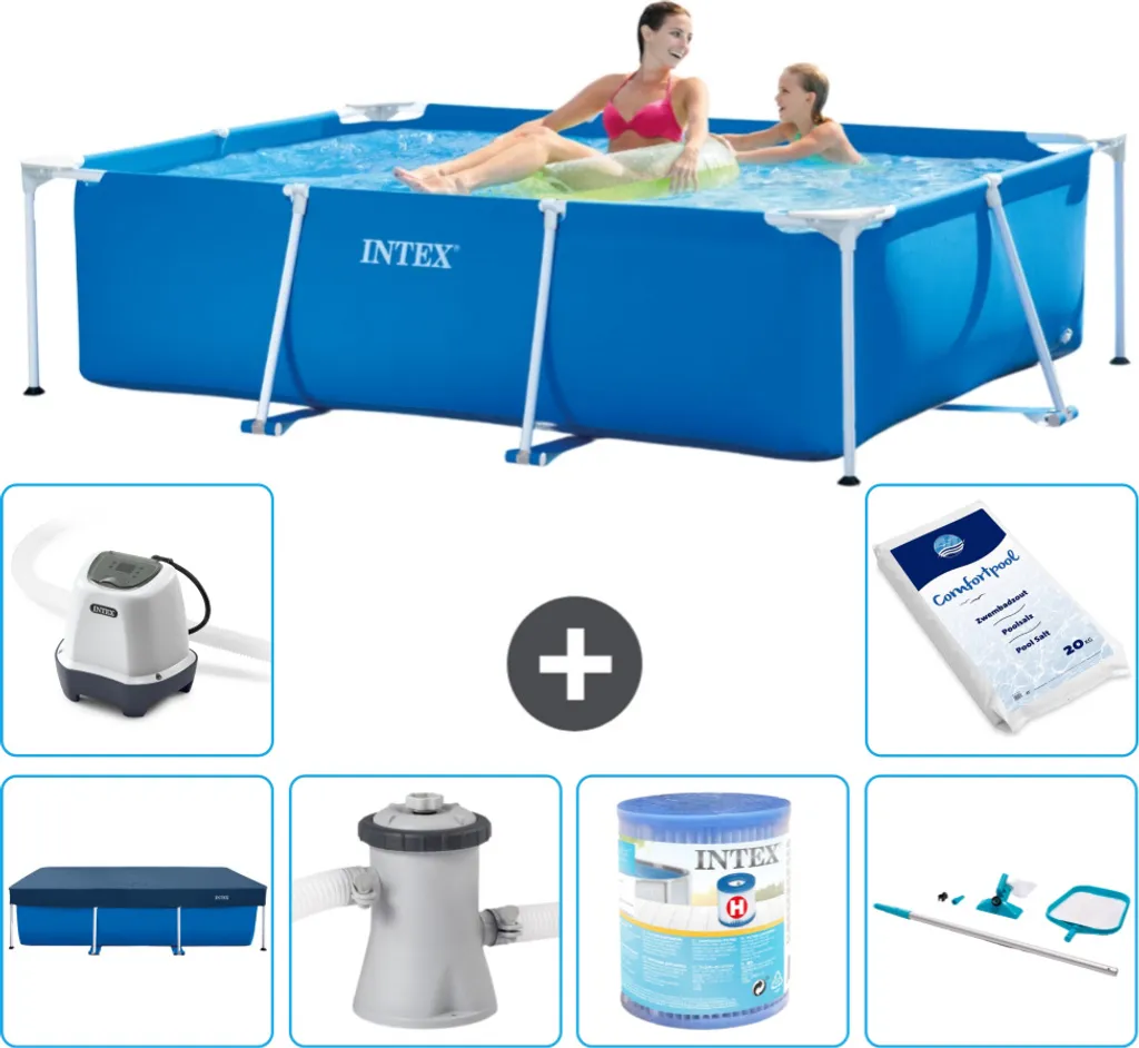 Intex-Schwimmbecken mit rechteckigem Rahmen – 220 x 150 x 60 cm – Blau – im Lieferumfang enthalten Abdeckung - Filterpumpe für Schwimmbad - Filter - Reinigungskit - Salzwassersystem - Poolsalz